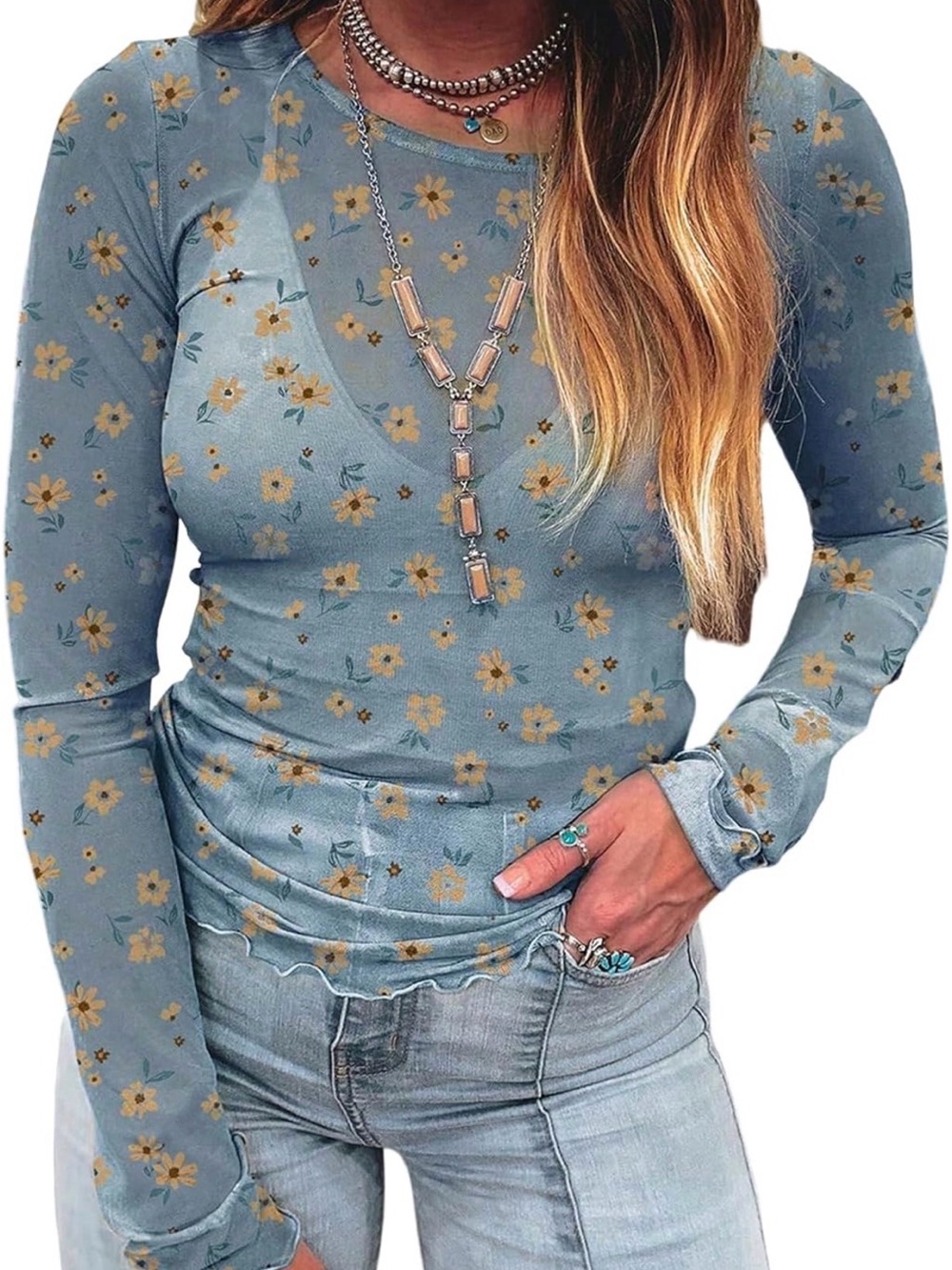 Blue Floral Sheer Mesh, Crew Neck, Long Sleeve Floral Mesh Top